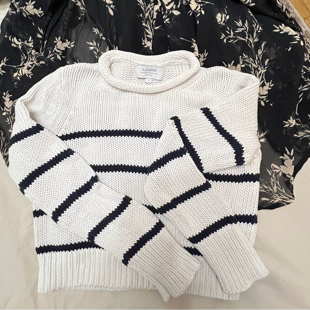 La Ligne White and navy rolled Neck Sweater